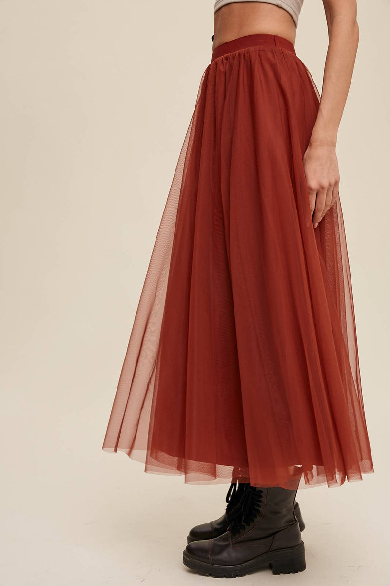 Rust Mesh Tulle Maxi Skirt