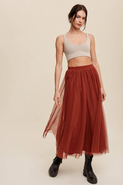 Rust Mesh Tulle Maxi Skirt