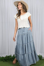 Tiered Fringe Hem Chambray Maxi Skirt