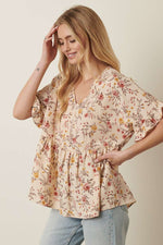 Floral Babydoll Blouse in Cream or Mocha