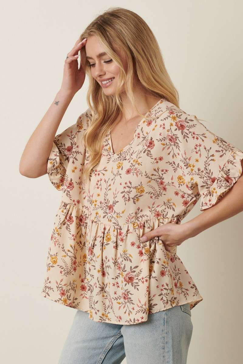 Floral Babydoll Blouse in Cream or Mocha