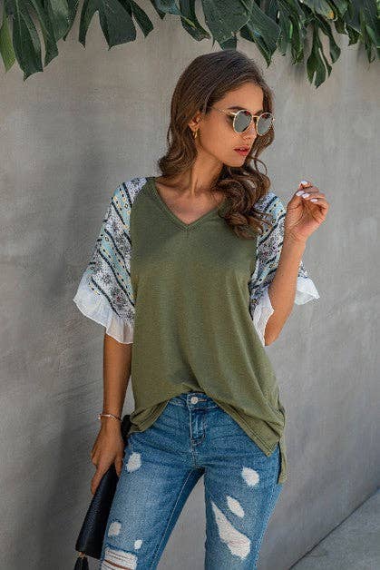 Deco Ruffle Sleeve V-Neck Top