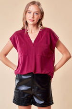 Short Sleeved V-Neck Blouse in Berry