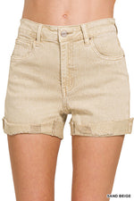 Cuffed Denim Shorts in Sand, Light Olive and White