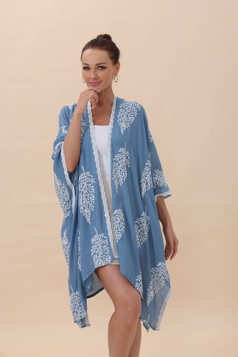 Botanical Leaf Embroidered Kimono