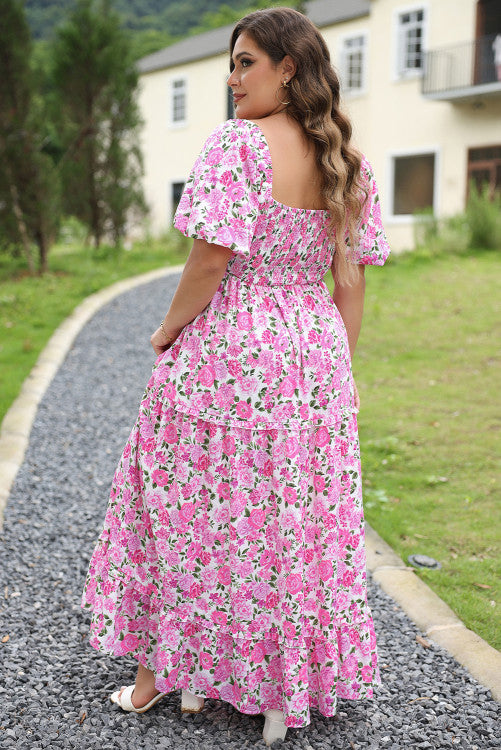 Plus Size Pink Print Smocked Dress