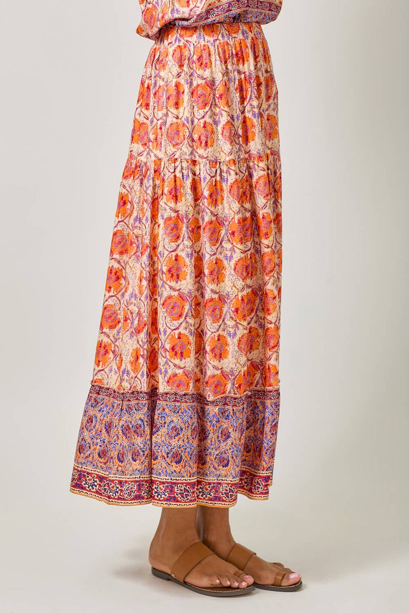Border Print Tiered Long Skirt