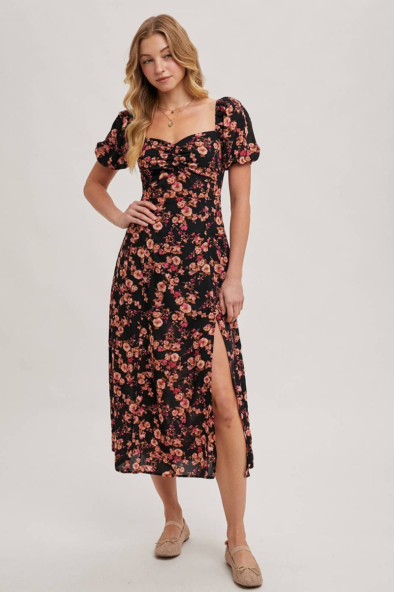 Floral Print Sweetheart Neckline Midi Dress