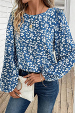 Blue Floral Print Lantern Sleeve Blouse