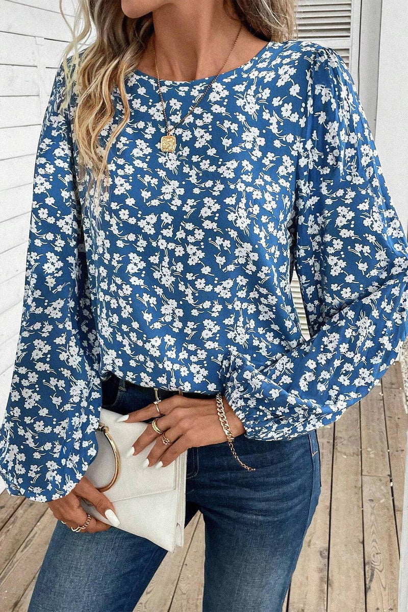 Blue Floral Print Lantern Sleeve Blouse