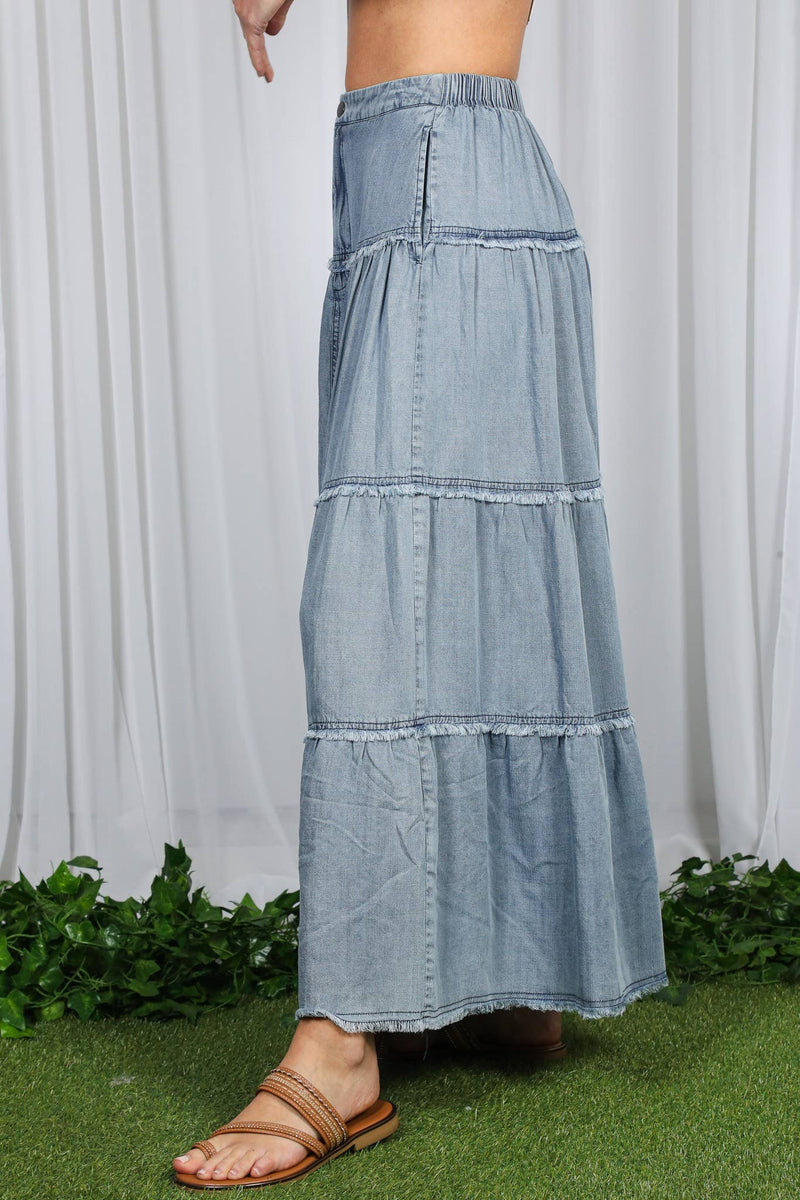 Tiered Fringe Hem Chambray Maxi Skirt