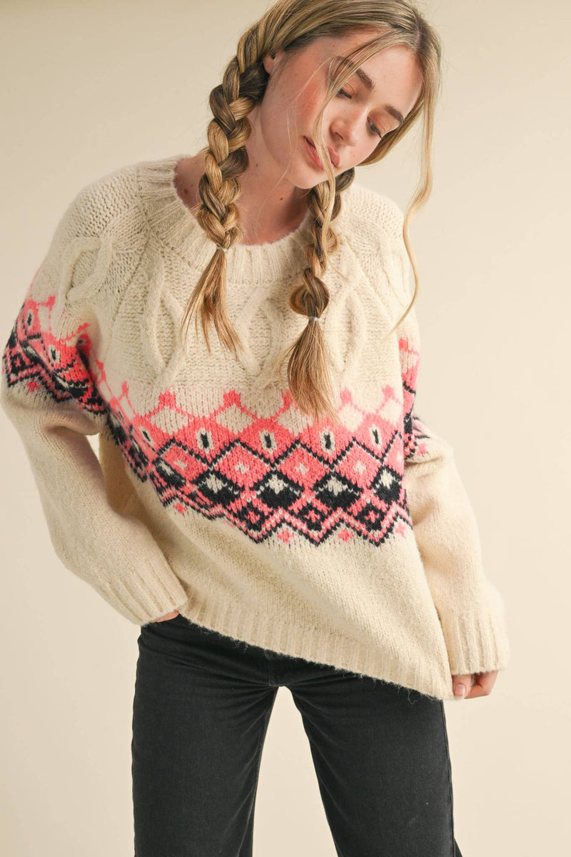 Ivory Cable Knit Fair Isle Sweater