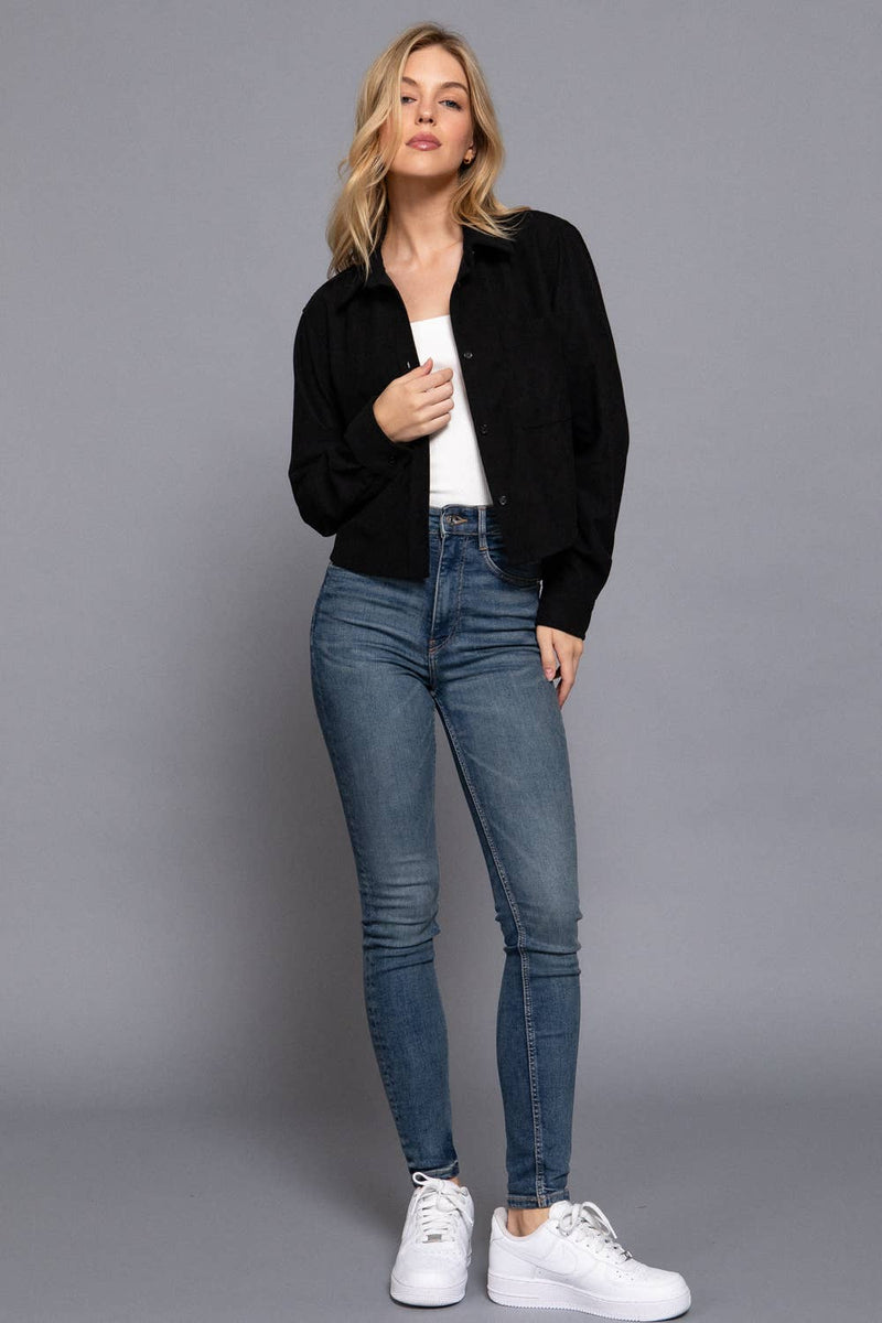 Long Sleeve Front Pocket Button Down Corduroy Crop Shirt