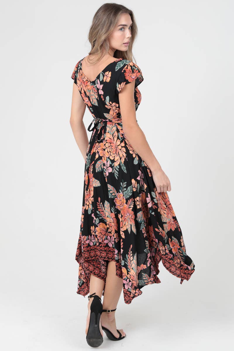 V Neck Hanky Hem Maxi Dress with Lace Trim