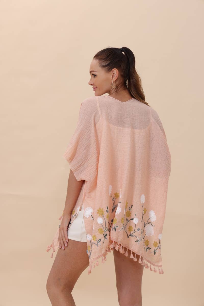 Floral Embroidered Tassel Hem Kimonos in Peach or Ivory