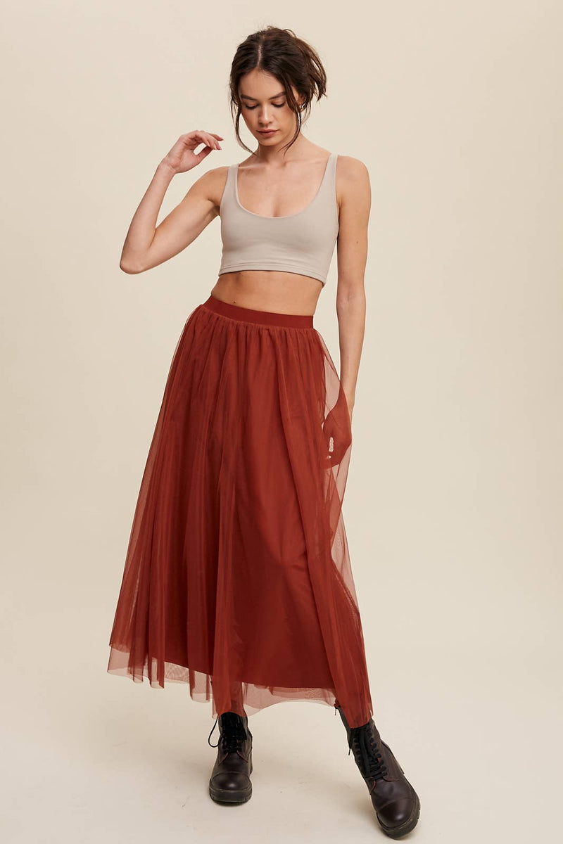 Rust Mesh Tulle Maxi Skirt
