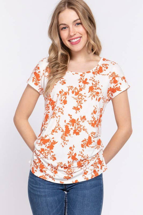 Shirred Side Print Rib Knit Top
