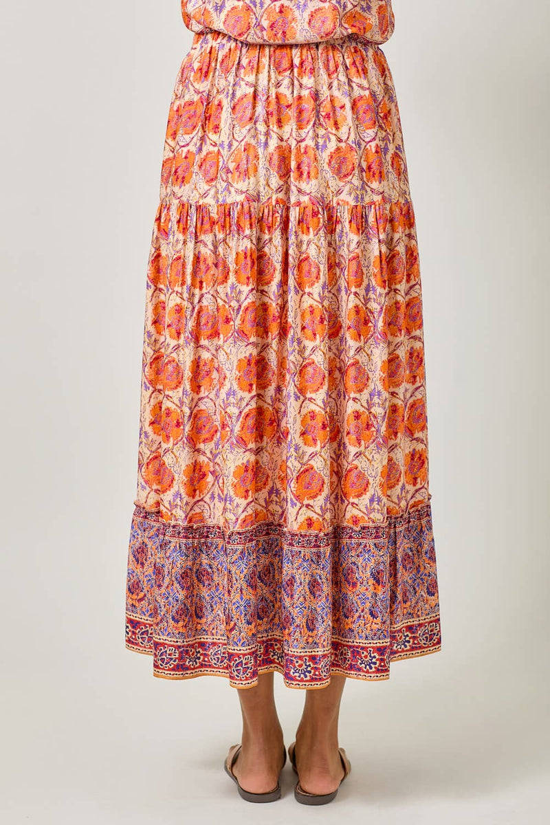 Border Print Tiered Long Skirt