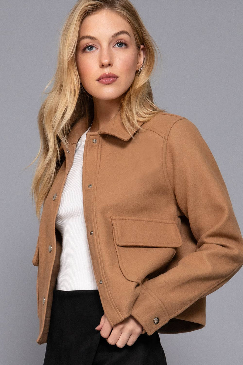 Soft Patch Pocket Snap Jacket in Camel or Black