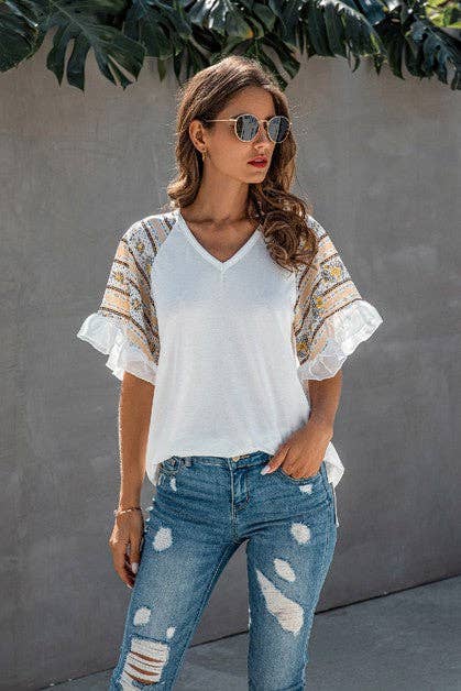 Deco Ruffle Sleeve V-Neck Top