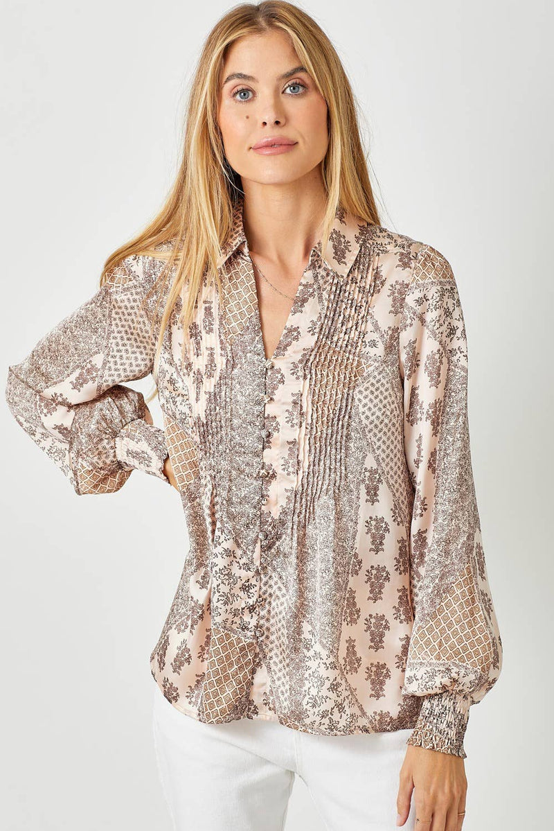 Sand Mix Pintuck Print Blouse