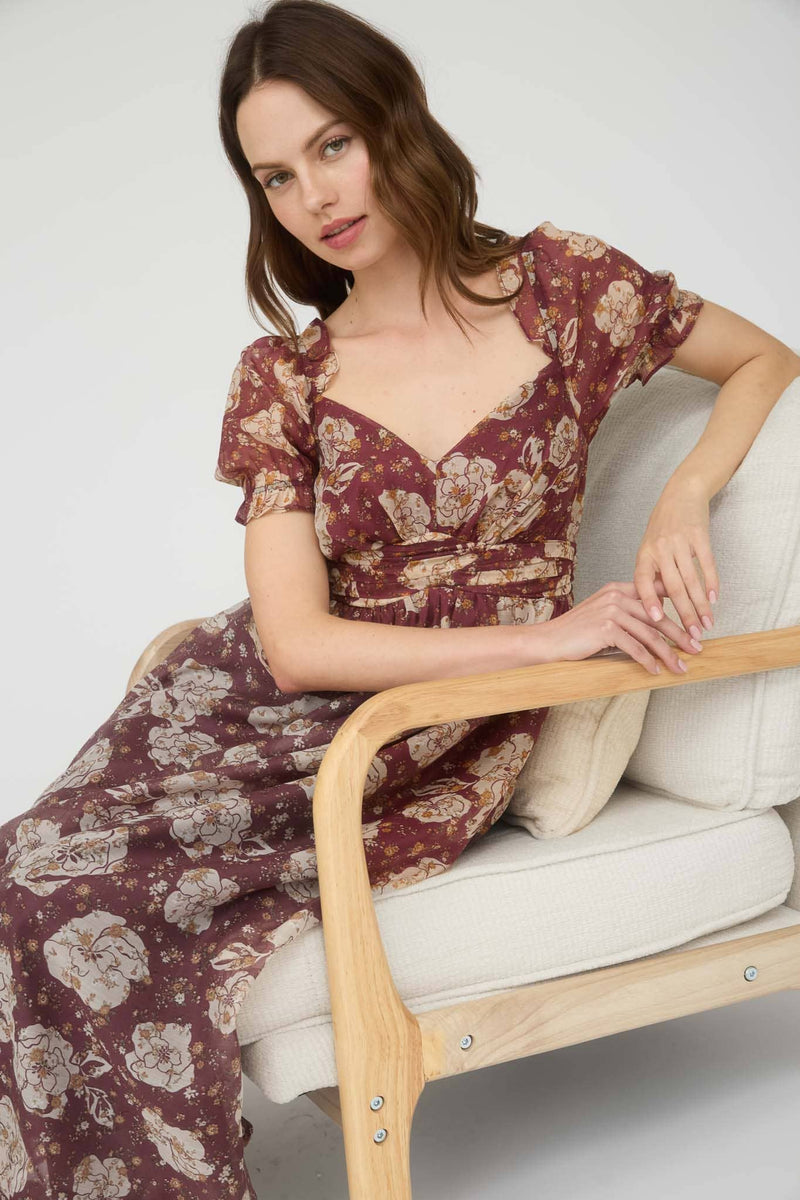 Chocolate Floral Sweetheart Neckline Dress