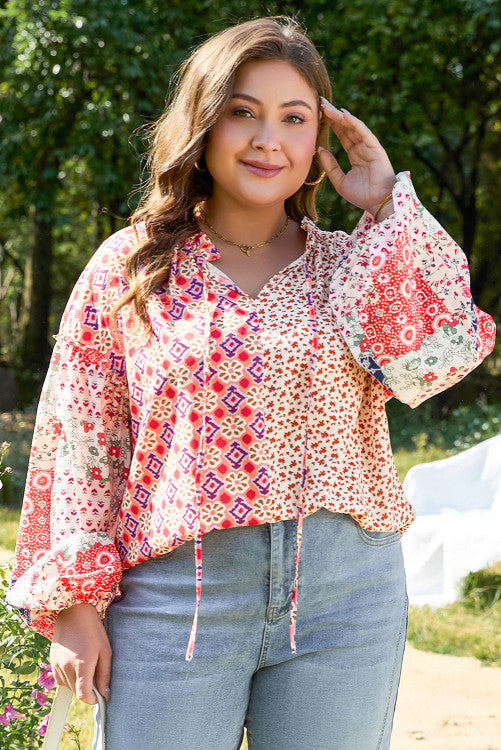 Plus Floral Boho Patchwork Blouse