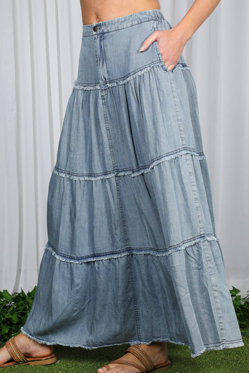 Tiered Fringe Hem Chambray Maxi Skirt