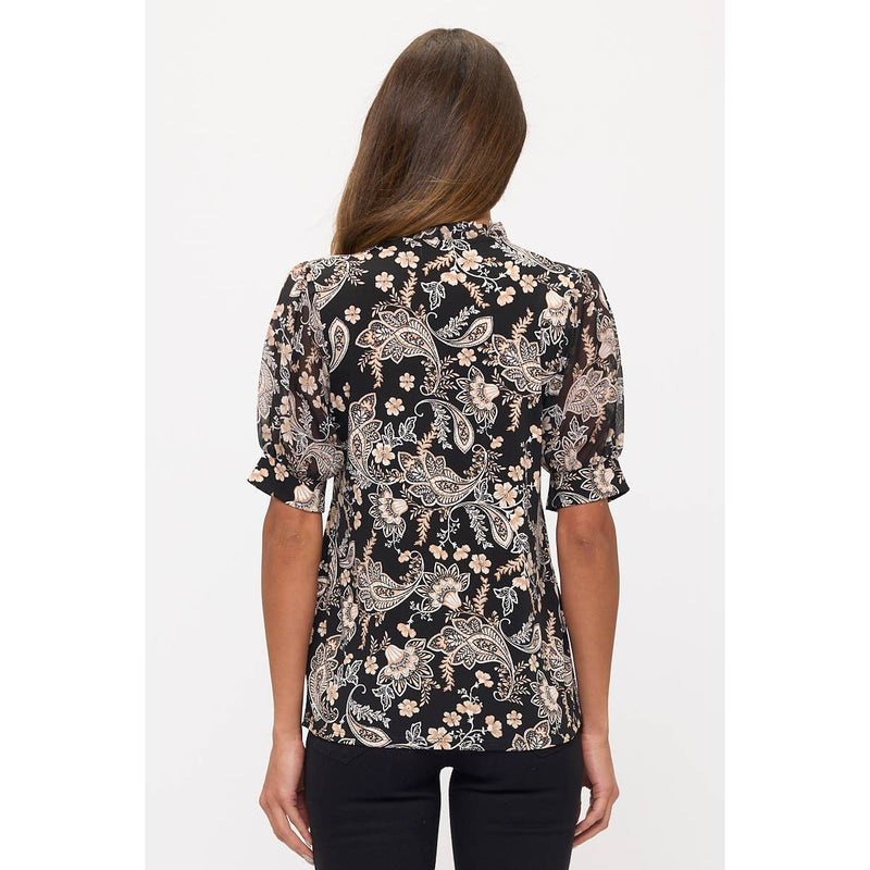 Peasant Tie Black Print Short Sleeved Blouse
