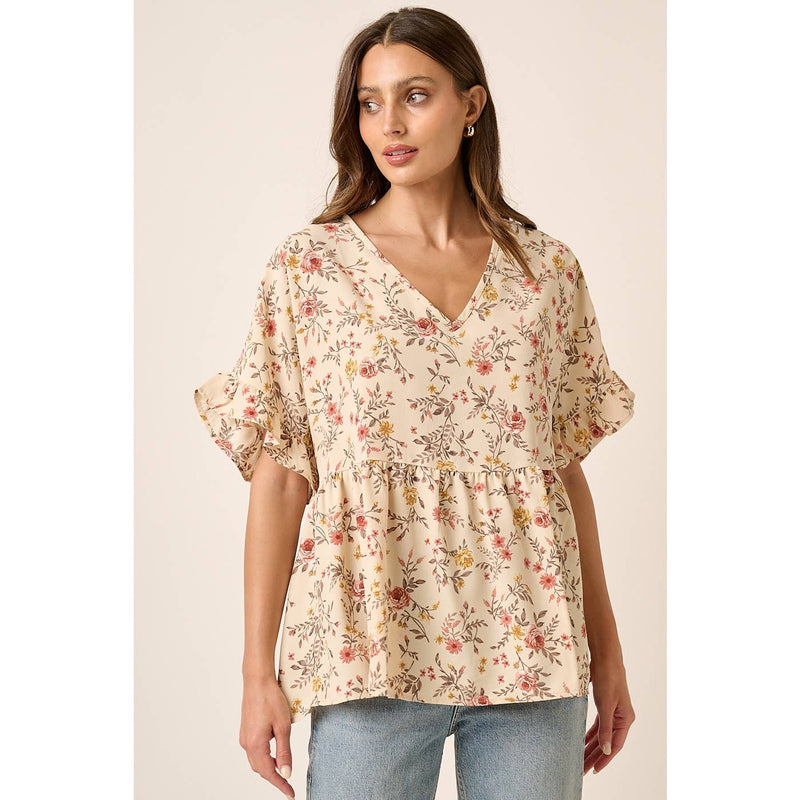 Floral Babydoll Blouse in Cream or Mocha