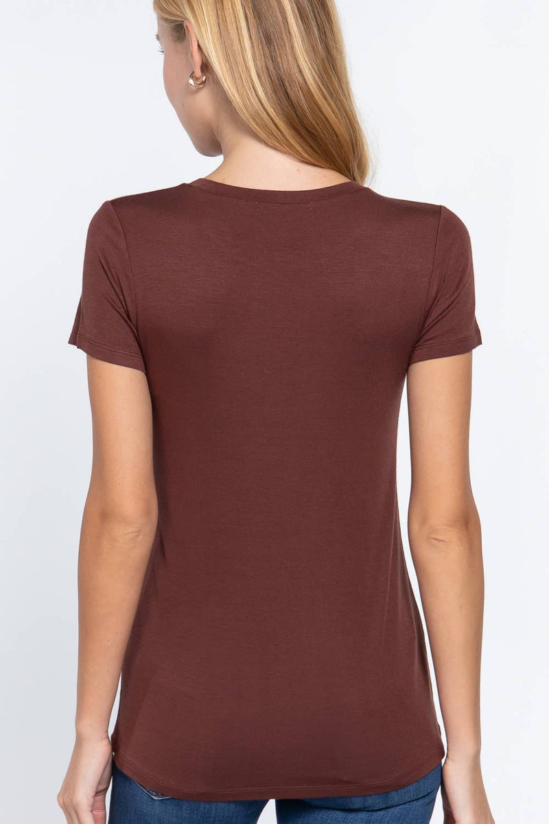 Crew Neck Rayon Spandex Tee in Dark Brown, Light Brown, and Black