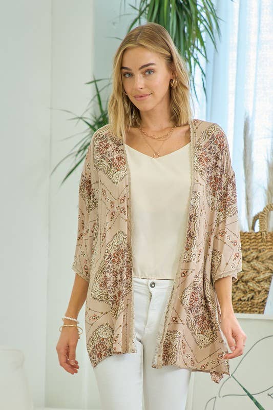 Printed Kimono With Lace Trim
