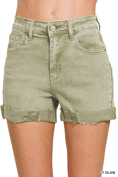 Cuffed Denim Shorts in Sand, Light Olive and White