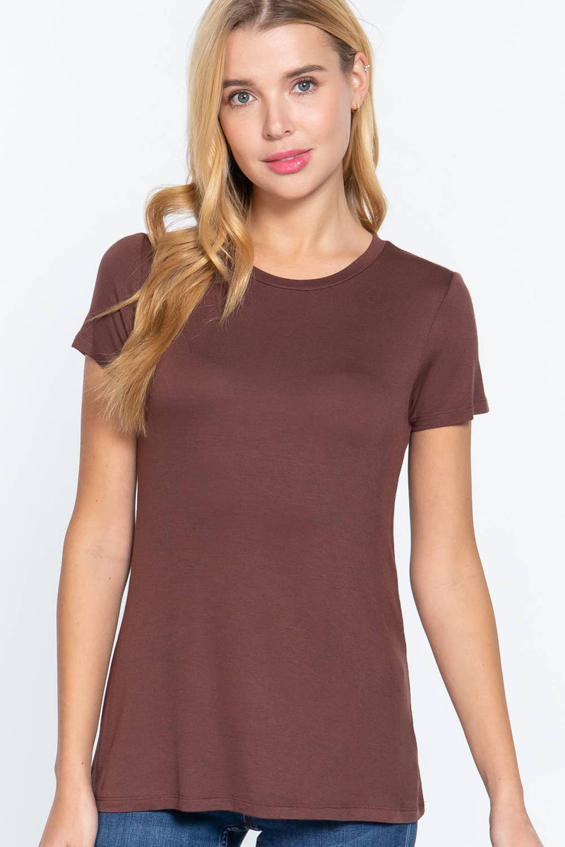 Crew Neck Rayon Spandex Tee in Dark Brown, Light Brown, and Black
