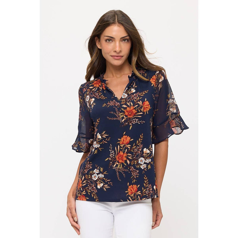 Sheer Ruffled Sleeved Floral Print Blouse