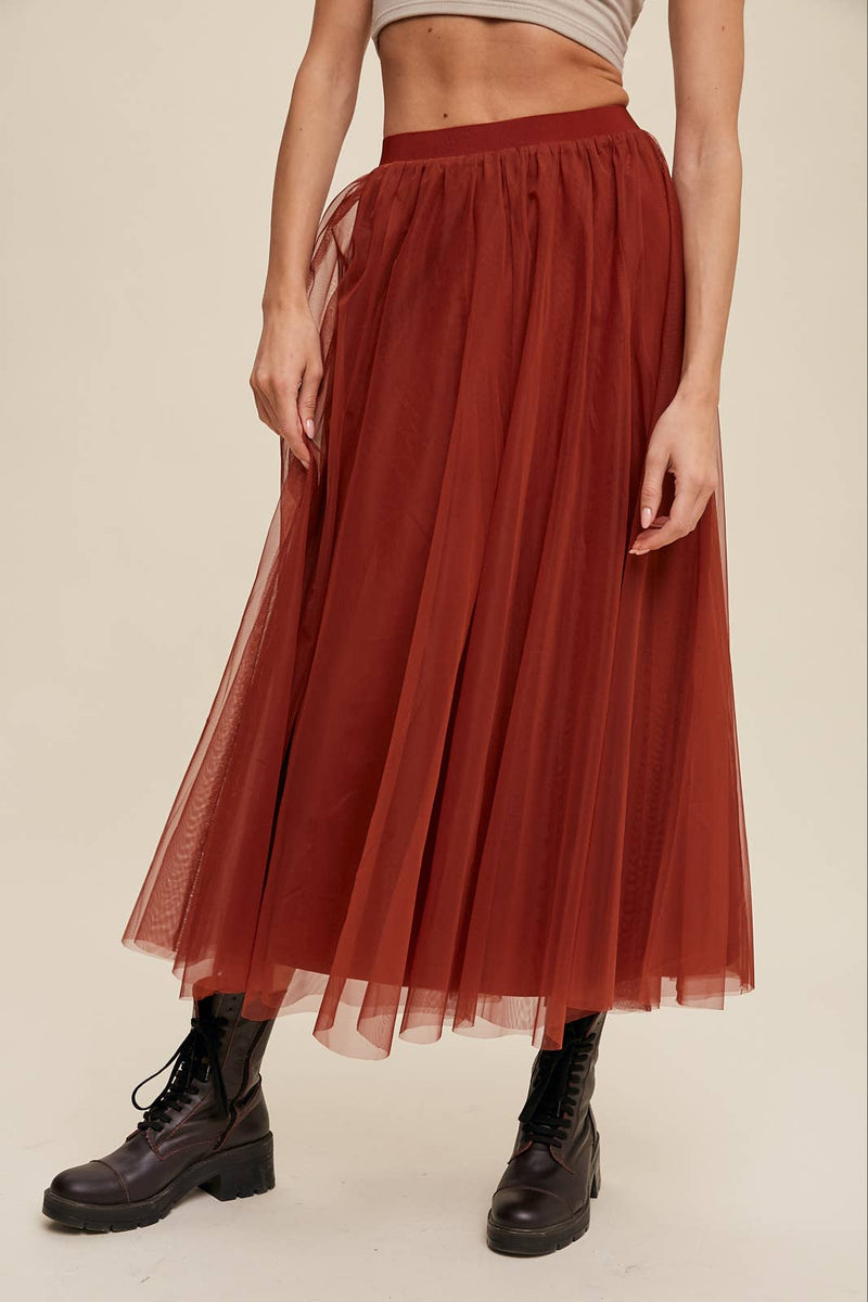 Rust Mesh Tulle Maxi Skirt