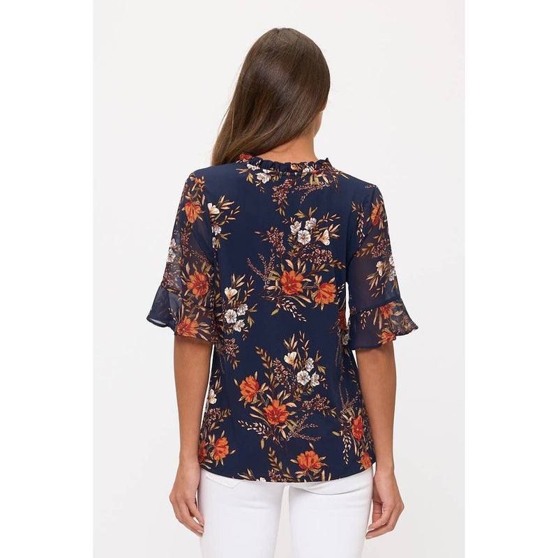 Sheer Ruffled Sleeved Floral Print Blouse