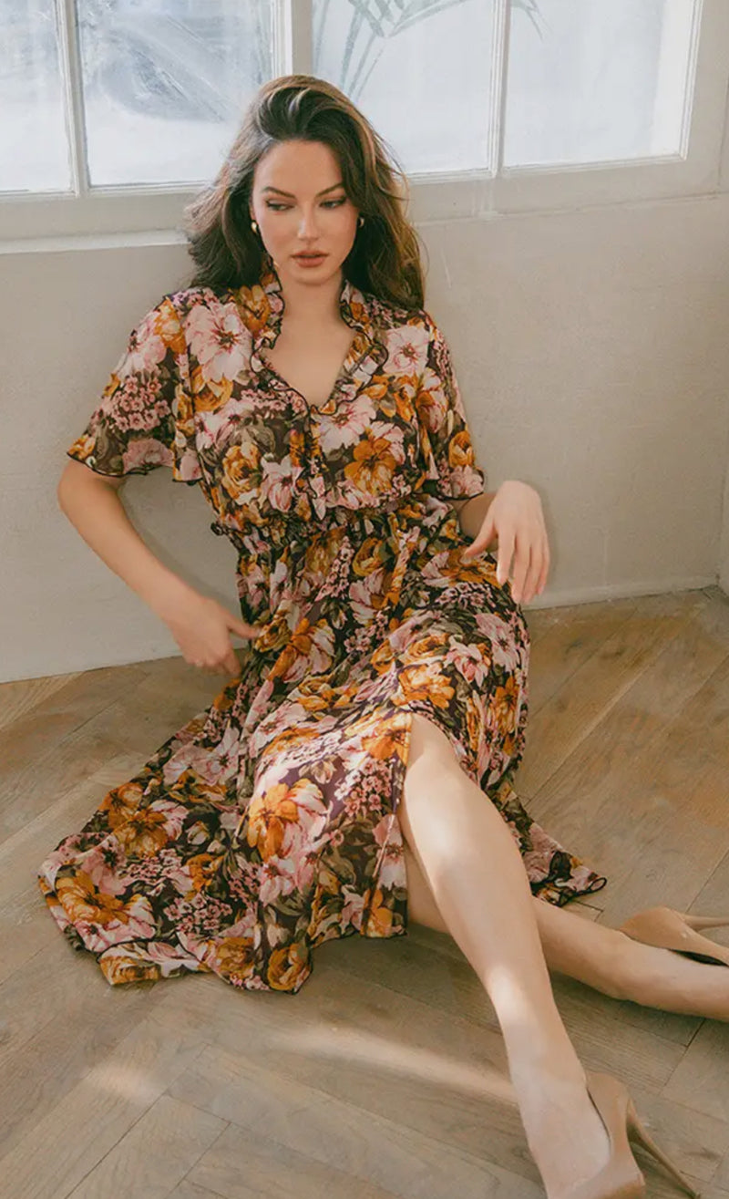 Plum Accent Floral Midi Dress