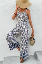 Blue Boho Geo Print Shirred High Waist Wide Leg Jumpsuit