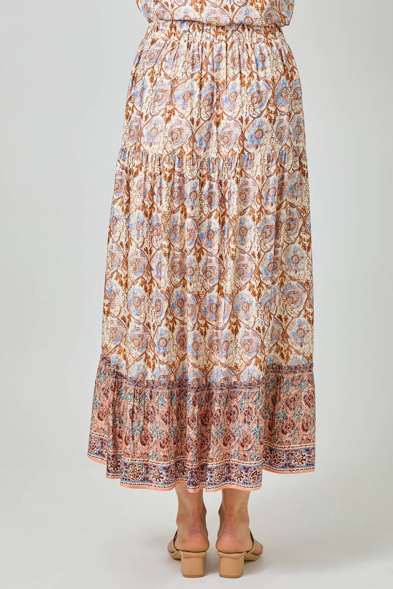 Border Print Tiered Long Skirt