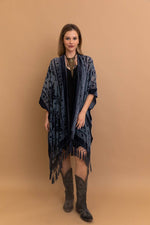 Blue Velvet Mesh Tapestry Tassel Kimono
