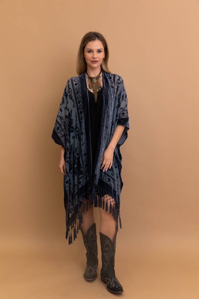 Blue Velvet Mesh Tapestry Tassel Kimono