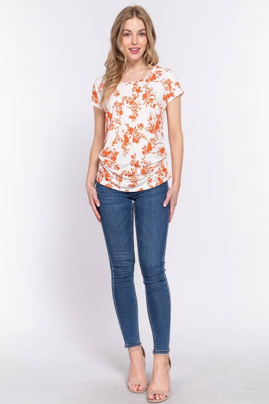 Shirred Side Print Rib Knit Top