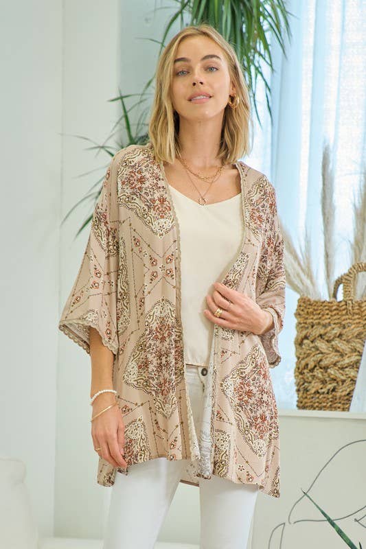 Printed Kimono With Lace Trim