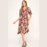 Autumn Red Floral Faux Wrap Dress