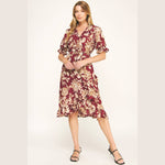 Autumn Red Floral Faux Wrap Dress