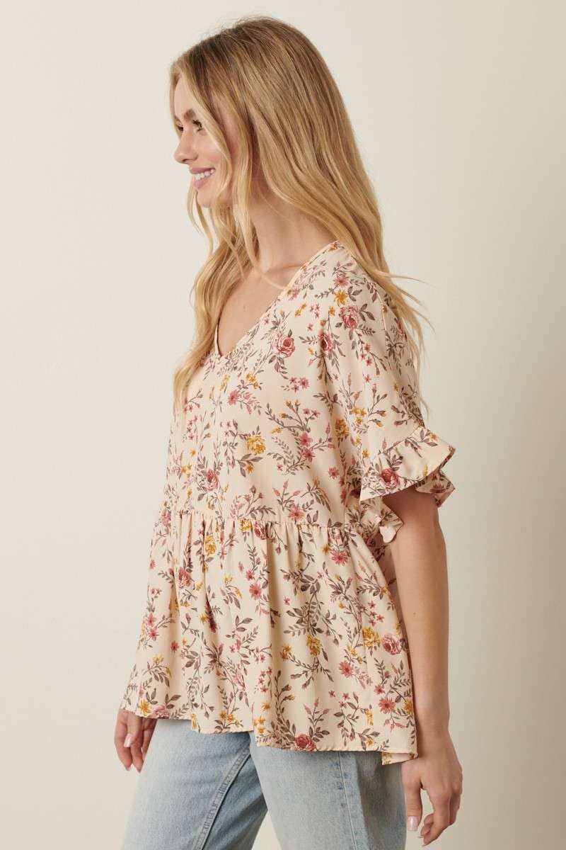 Floral Babydoll Blouse in Cream or Mocha
