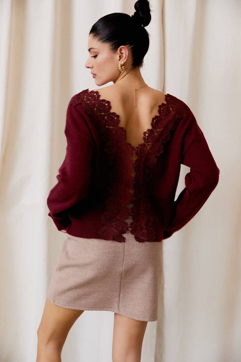 Back Lace Trim Wine Sweater