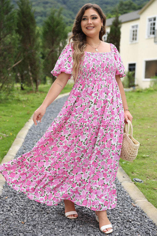 Plus Size Pink Print Smocked Dress