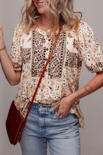 Khaki Boho Floral Print Half Placket Blouse